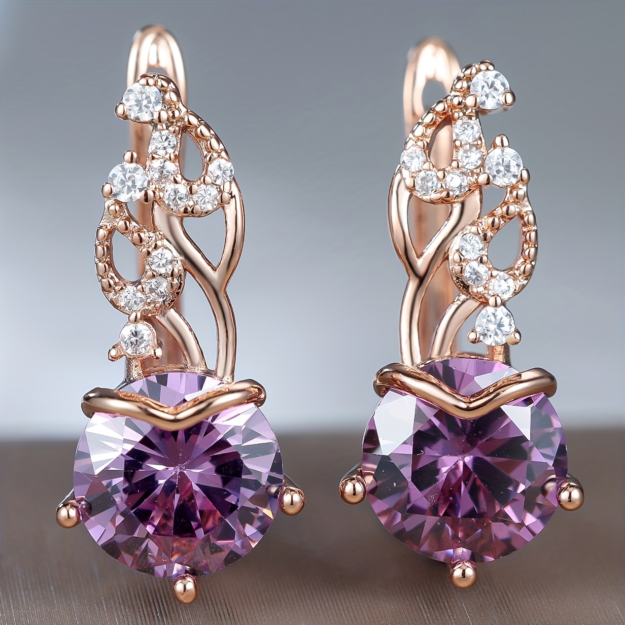 TEMU 1 Pair Women's Classic Elegant Luxurious Fashion Easy Individual Versatile Exquisite Floral Earrings Inlaid With Round Purple Synthetic Zirconia