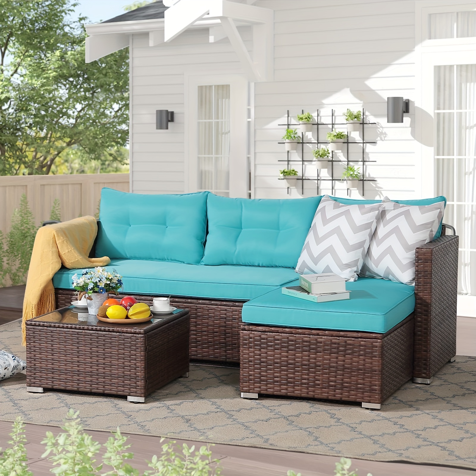 

Outdoor Wicker Patio Furniture Set, All-weather Rattan Small Sectional Sofa Set And Chaise Lounge With Glass Coffee Table, L-shaped Patio Conversation Set For Deck Balcony Porch, Blue Cushion