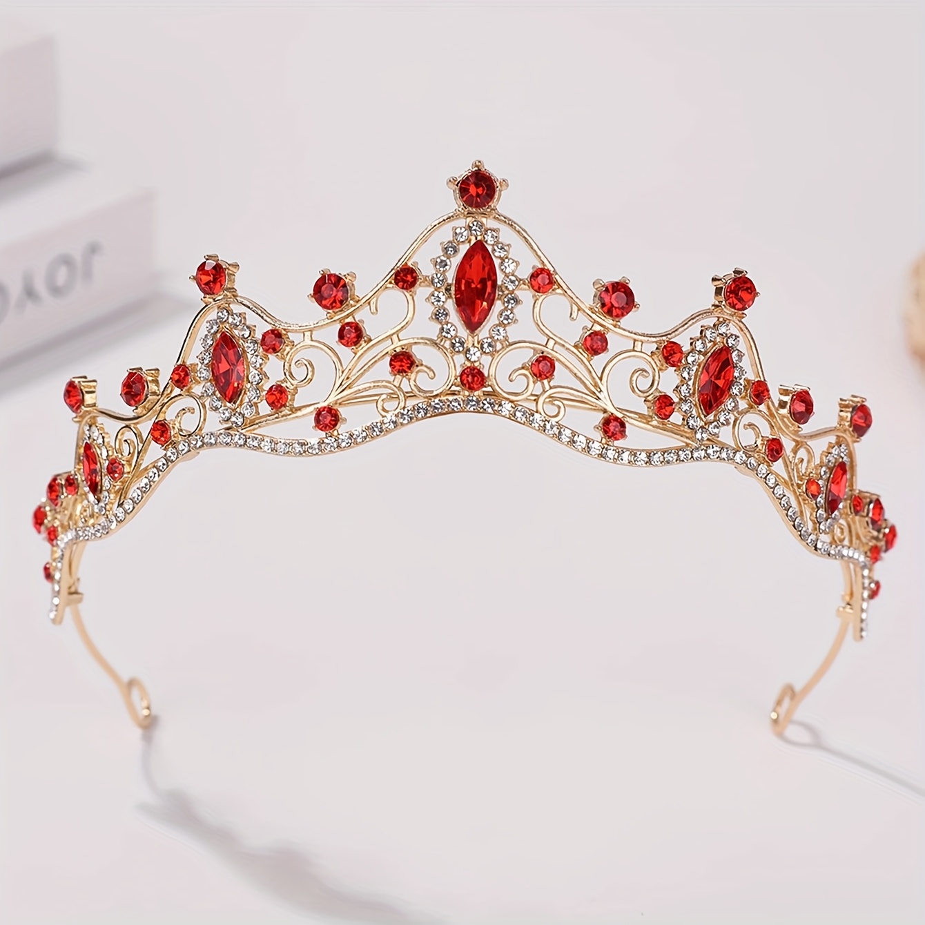 TEMU 1pc, Princess Crown Hair Accessory - Shimmering Red And Carved Gemstone Design, Golden Alloy Headpiece With Arched Pattern Stripes, Exquisite