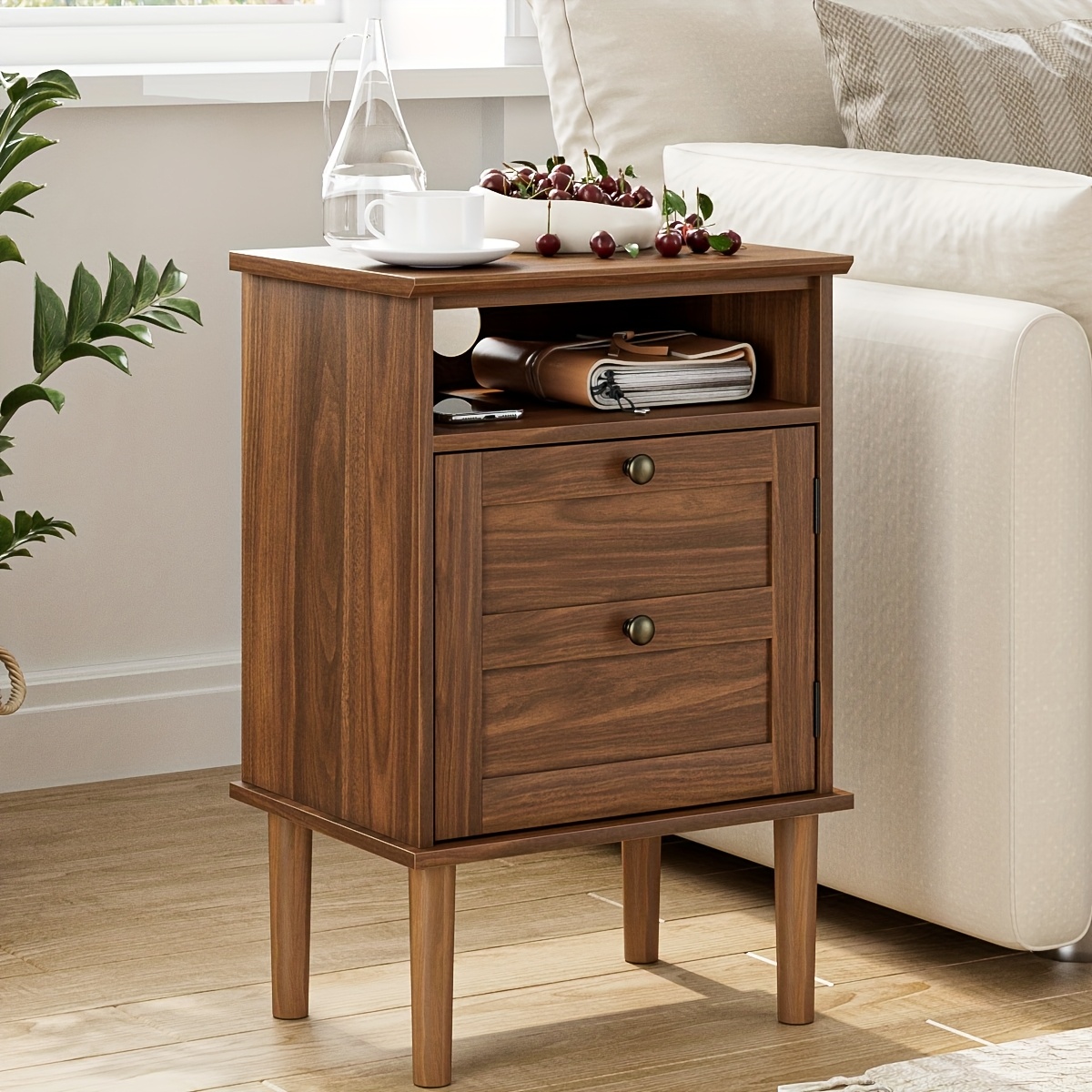 Bedside Table, Bohemian-style Bedside Cabinet with One Drawer, Contemporary Side Table Featuring Open Shelving, Wooden Tabletop Bedside Unit, Suitable for Bedrooms And Living Rooms., Bed Room Table
