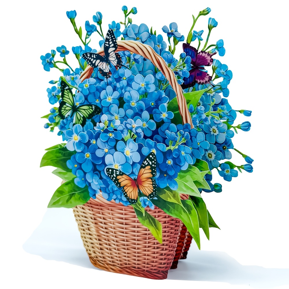 E-shop Elegante blaue Vergissmeinnicht-Blumenkorb-Grußkarte, 3D-Stereo-Simulation, Schmetterling-Blumenkorb-Design, geeignet für , Ehefrauen, Freunde,