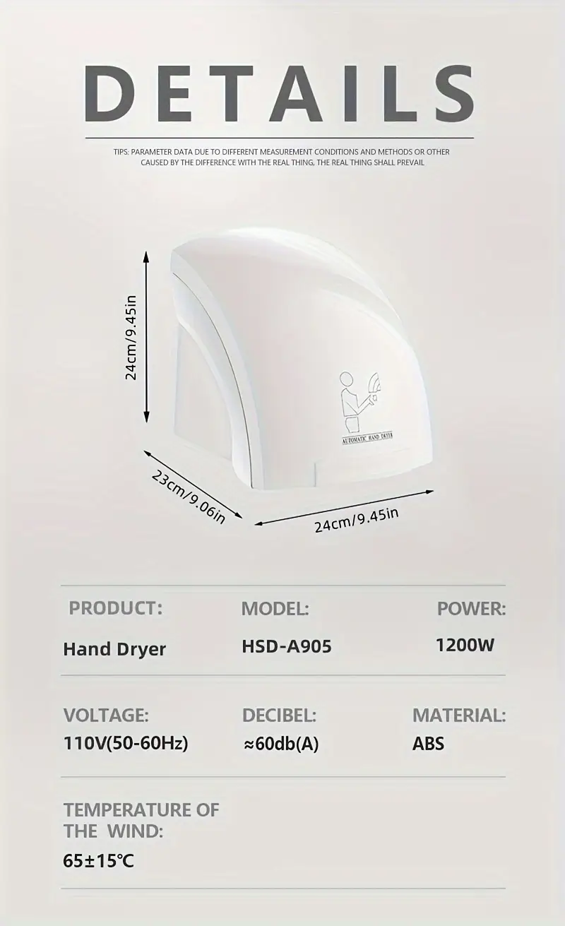 Sèche-mains électrique Automatique Avec Capteur Infrarouge - 600W, Pour Usage Domestique Ou Commercial