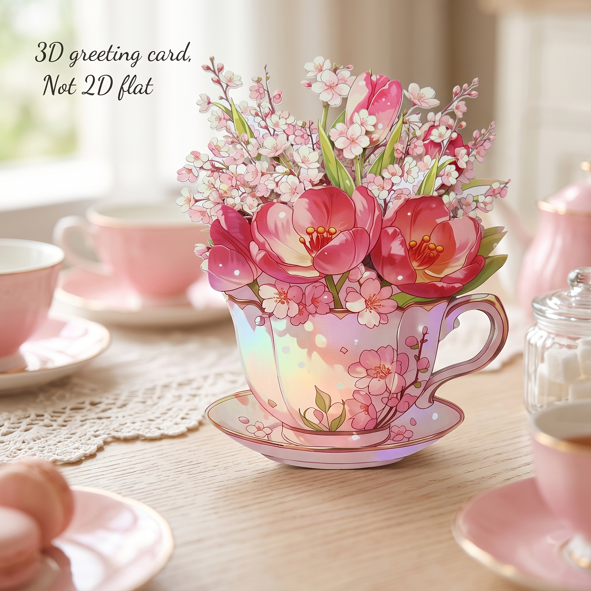 TEMU 3d Floral Greeting Card With Envelope And Message Card, Teacup Bouquet Design Featuring Pink Tulips And , A Vibrant And Exquisite Paper Artwork.