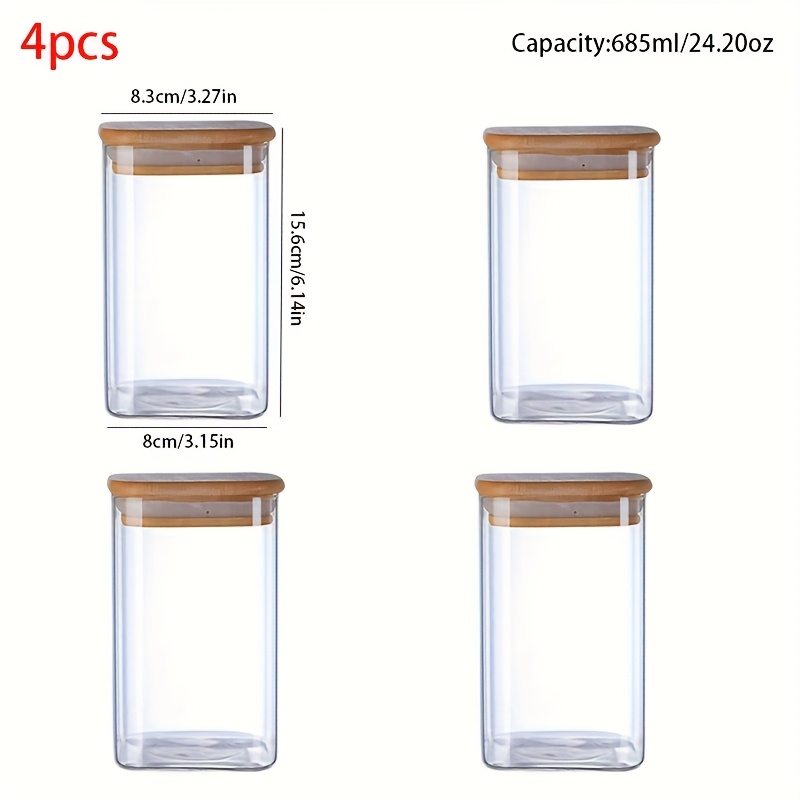 E-shop 4er-/6er-/8er-Packung Quadratische Dose Luftdicht Bambusdeckel Glas Lebensmittel Aufbewahrung Pasta Aufbewahrungsbehälter Wiederverwendbare