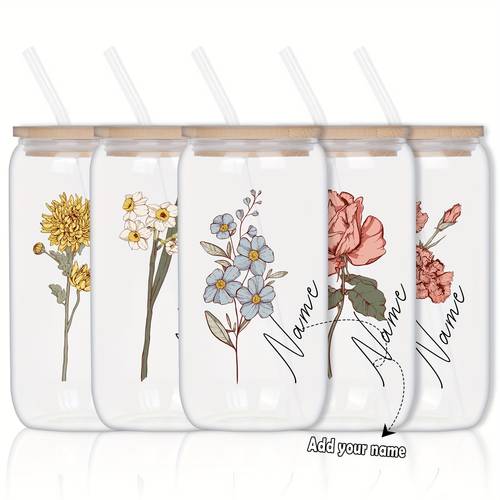 1pc 16oz 500ml custom personalized birth flower glass tumbler with straw name custom birthday gift for mothers day gift vacuum insulated mug graduation gifts valentines day gifts party favors