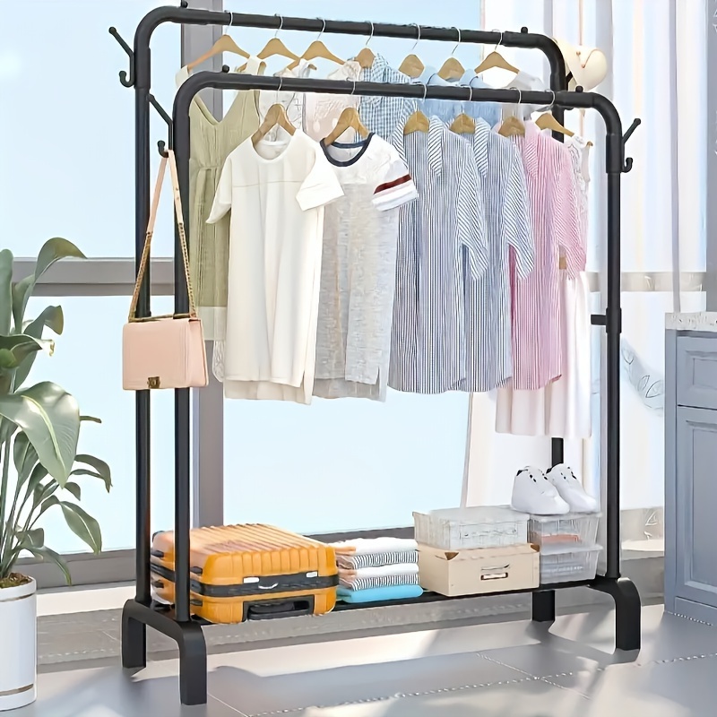

1pc Adjustable Double Rail Garment Rack, Metal And Plastic Clothes Organizer, Minimalist Bedroom Storage, Freestanding Hanging Clothes Shelf