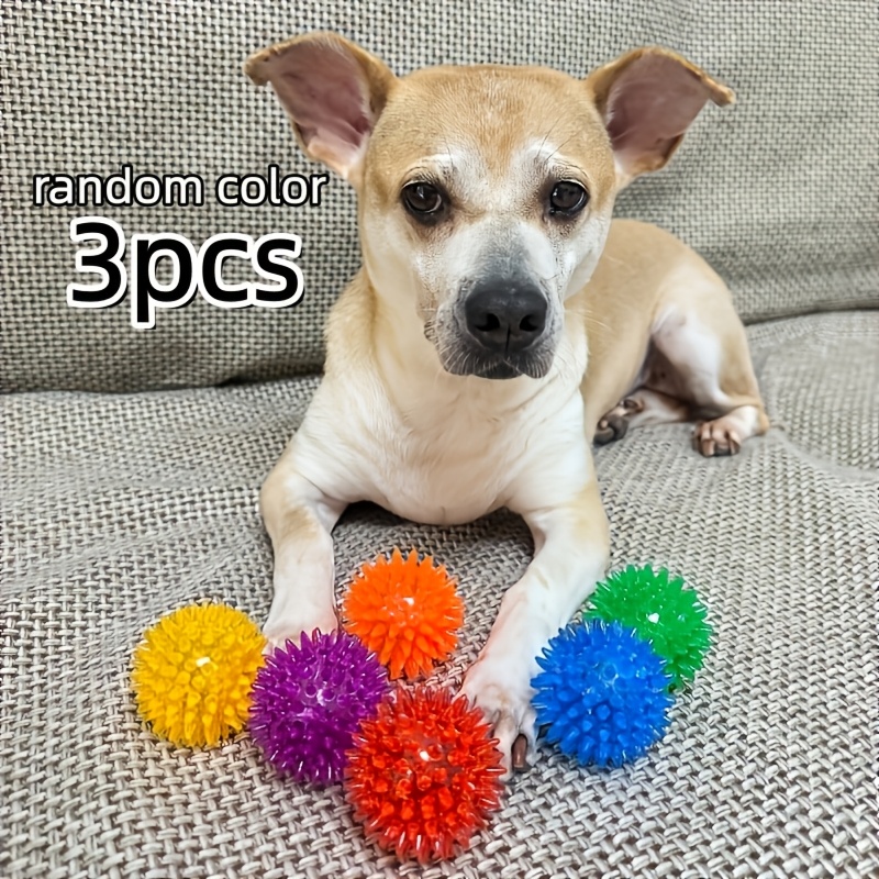 Image of 3-pack Durable Spiked Dog Chew Ball (random Color) - Non-toxic Plastic Rubber Dog Toy Ball, Suitable For All Dog Breeds, Geometric Pattern, Promotes Dental Health, Ideal For Power Chewers