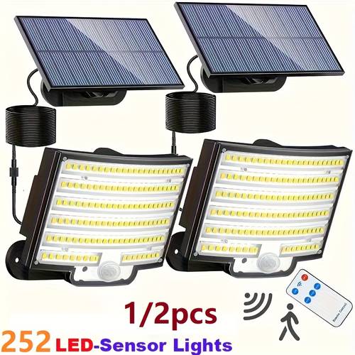 1 2pcs 252 led solar outdoor lights split sensor light outdoor with remote solar security backyard lights for yard garage patio porch and garden light