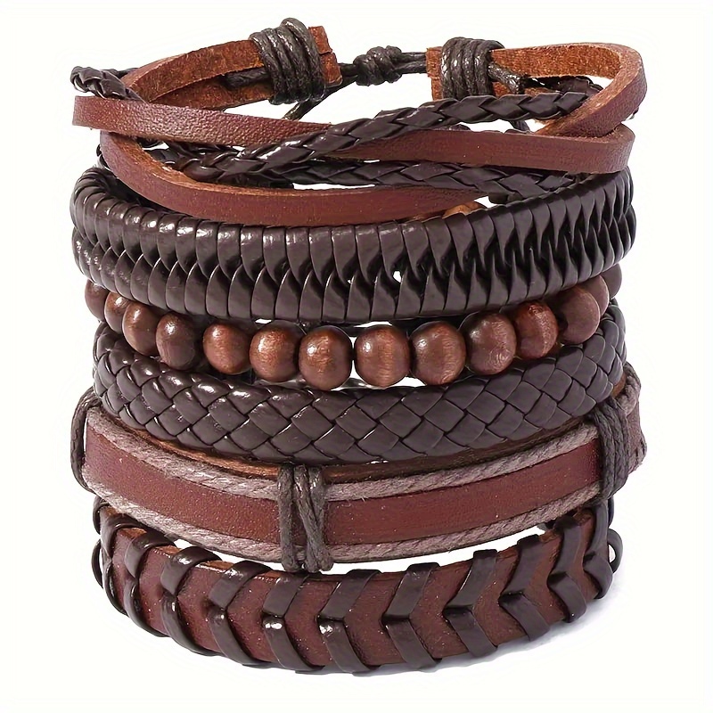 

6pcs/set Retro Simple And Adjustable Bracelets Creative Diy Combination Hand Woven Pu Leather Bracelet Suitable For Men And Women