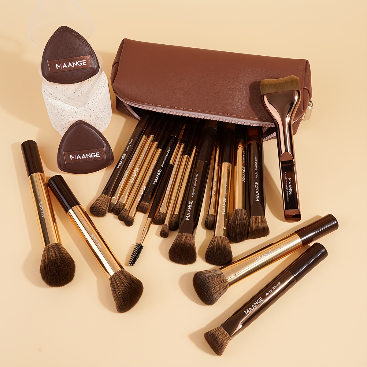 MAANGE 22-Piece Makeup Brush Set, 19 Makeup Brushes + 2 Sponges + Makeup Bag, Portable Makeup Tool Kit, Foundation Brush, Blush Brush, Eyeshadow Brush, Beginner-Friendly Daily Face Makeup Tools, Gift for Women, Christmas Gift