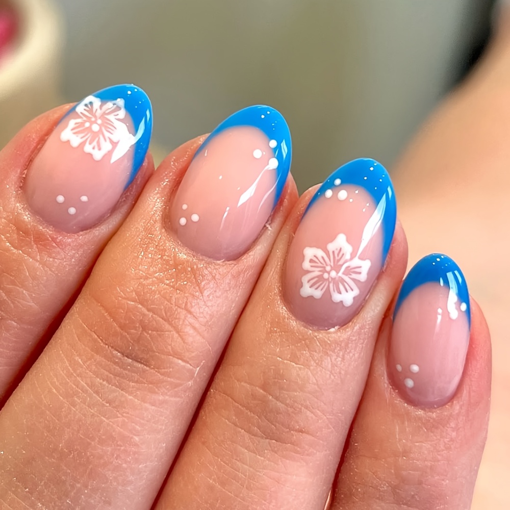 Image of 24pcs Short Oval Press-on Nails, Featuring A Nude Pink Transparent Base With A Gradient Tip. The Color Palette Is Fresh And, The Of Ocean Waves And A Summer Beach. Partially With White