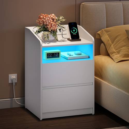 photo de l'article table de chevet, table dappoint avec 2 tiroirs, 2 prises ca, 2 ports usb-a, éclairage led, compartiment ouvert, moderne, chambre, salon, table de chevet, 35 x 40 x 58 cm