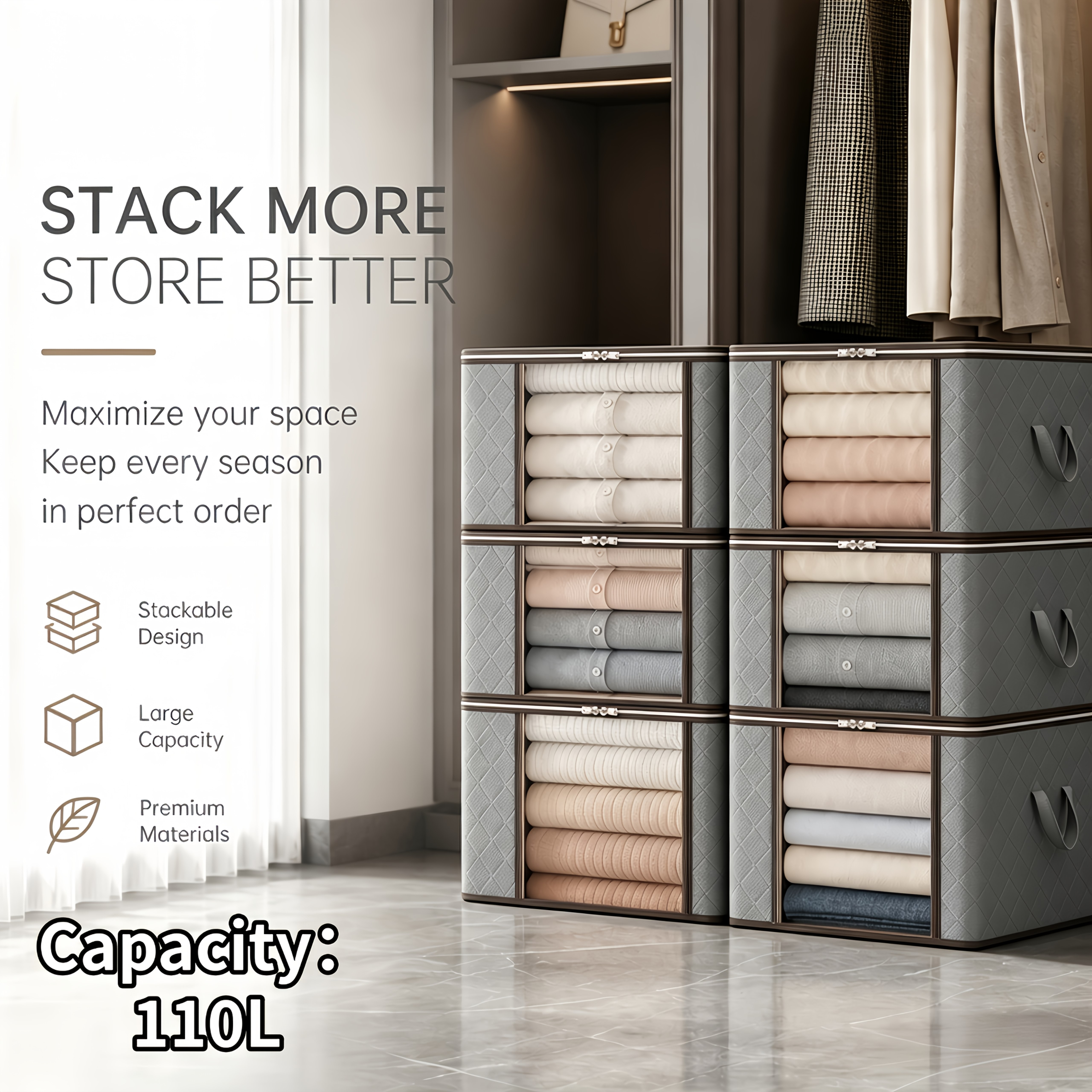 Image of 6pcs 110l Clothes Storage Bags Large Storage Box With Lid Packing Boxes For With Reinforced Handle Thick Fabric Clear Window For Clothes Duvet Blankets Bedding Local Warehouse, Under-bed Storage