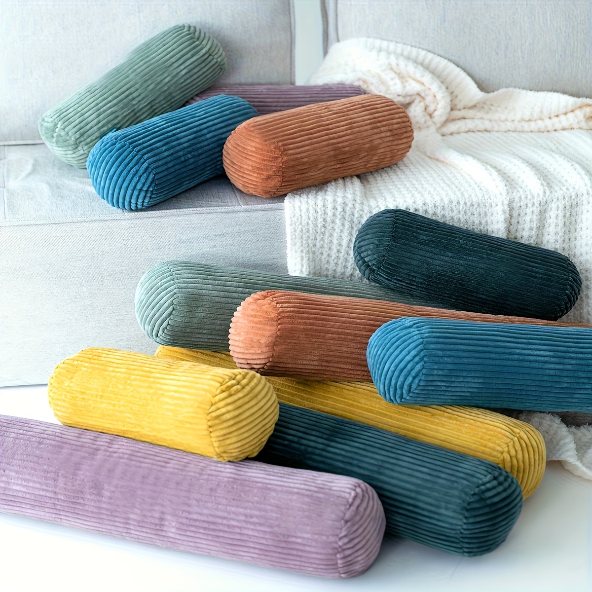 item picture 1pc stripe bohemian cylindrical support cushion corduroy pillow suitable for indoor outdoor use machine washable polyester fiber filling decorative sofa bed chair lumbar pillow year round neutral accent for decor