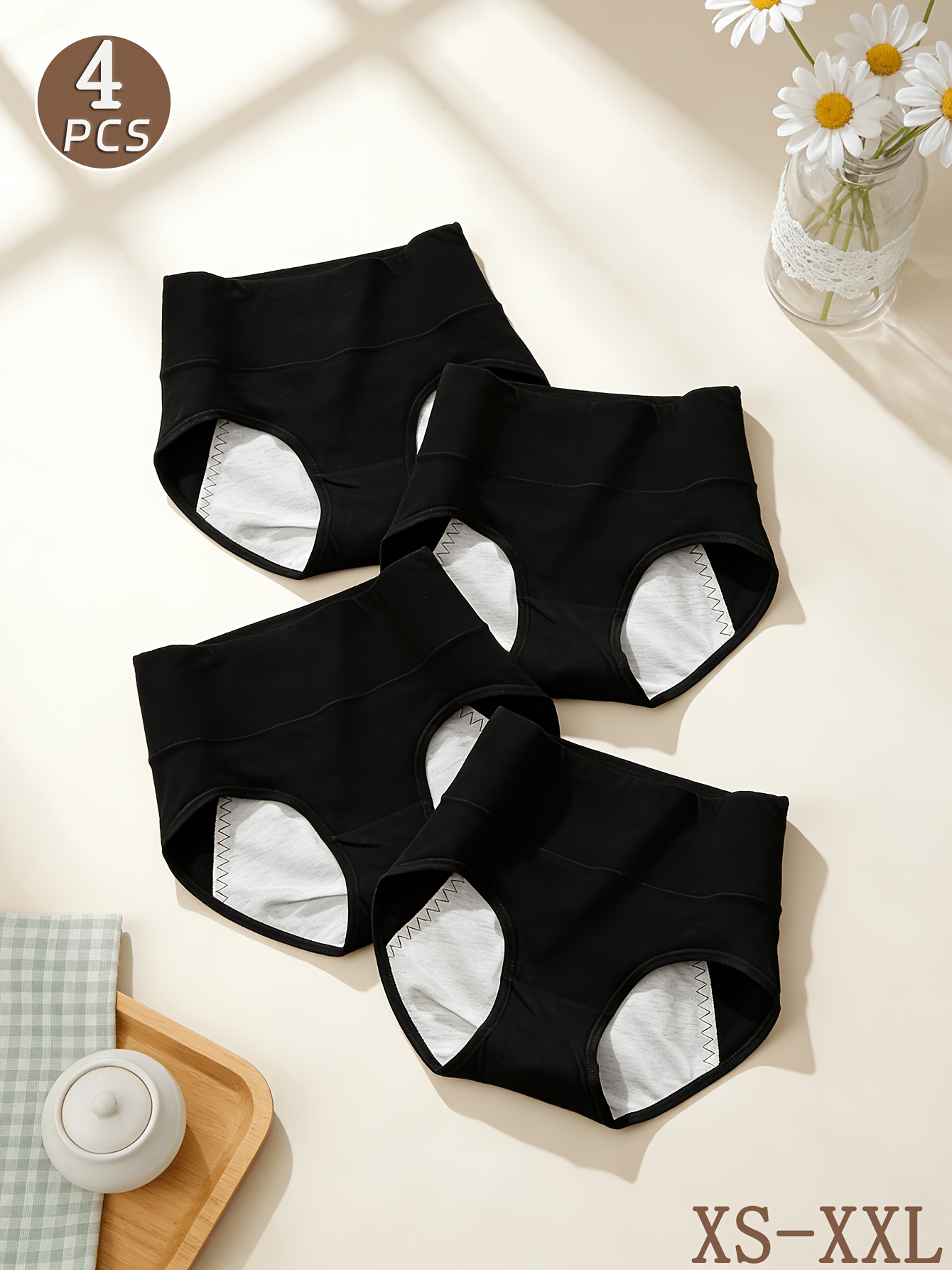 4-Pack Black High-Waist Women's Period Panties, Tummy Control, Butt Lifting, Anti-Leakage, No Crotch Riding or Waist Tightness, Suitable for Home and Commuting During Menstruation
