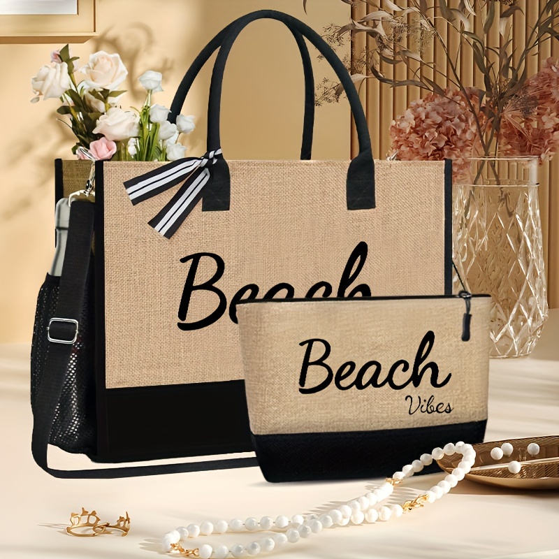 

2pcs "beach" Print Tote Bags Matching Cosmetic Pouch, Lightweight And Durable Shopping & Travel Bags, Vacation Style Bag For Beach