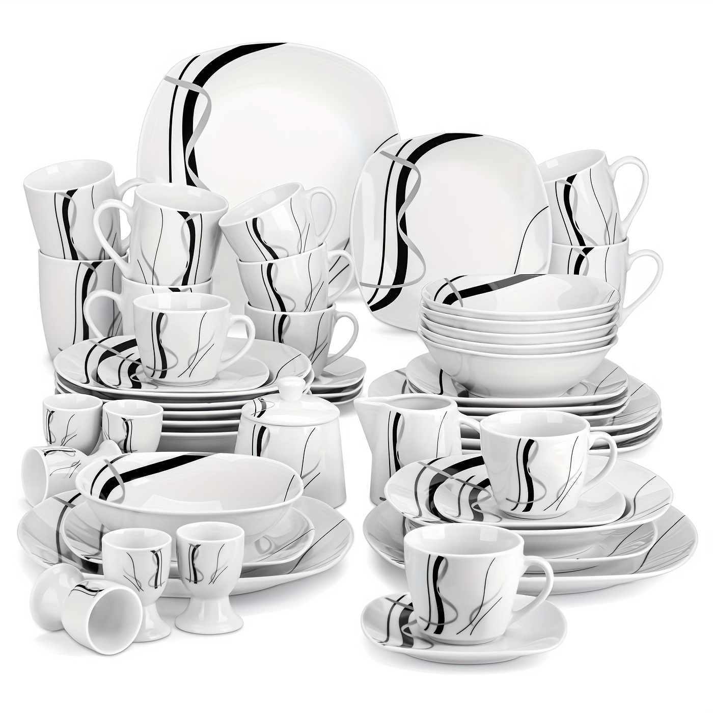 E-shop 50-teiliges Geschirrset Elfenbeinweiß Dinner Set China Keramik Esszimmer Geschirr Set aus Porzellan Teller Set, Tassen und Untertassen Set,