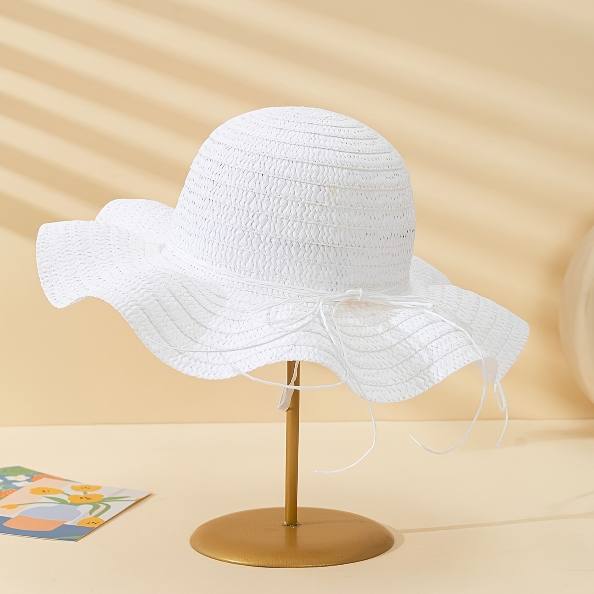 Image of 1 Unisex Adult Simple Wave Straw Hat With Tether, Straw Hat, Suitable For Outdoor Vacation, Beach Wear, Summer Gift [super Light]