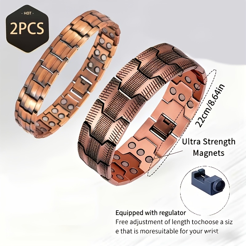 TEMU Men's Copper Magnetic Bracelet Set 2pcs, Triple Row Magnetic Chain Design Durable, Adjustable Size , Sizing Tool Included Thoughtful Gift, Daily