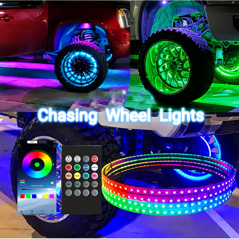 Een collectie van 15,5-inch wielnaafverlichting voor voertuigen, met 16 miljoen kleuropties, die via een app en een afstandsbediening kunnen worden bediend. Ideaal voor het verbeteren en decoreren van auto's, waaronder sedan, trucks en SUV's.