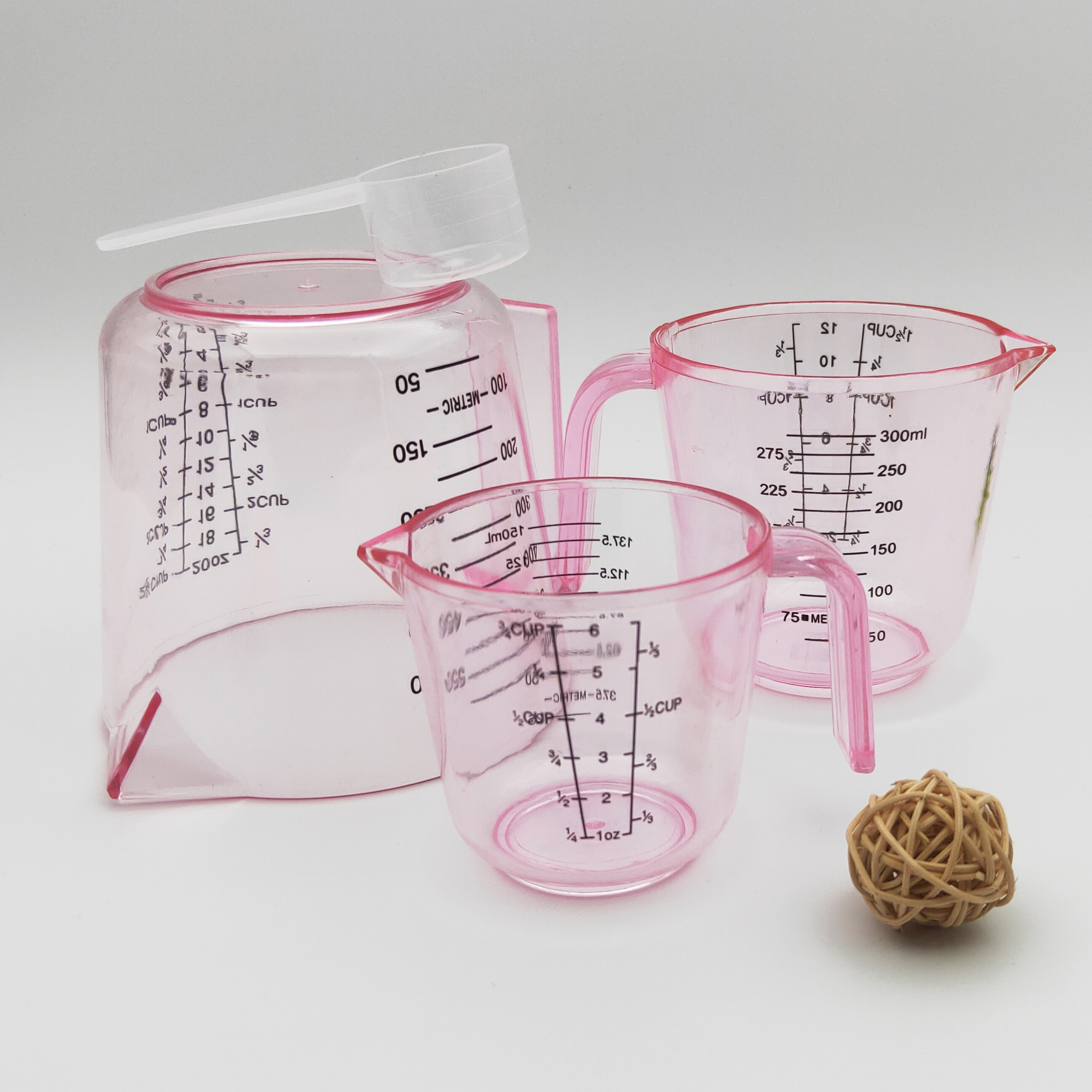 

Baking Measuring Cups Set - 4 Piece Polystyrene Stackable Kitchen Tools With Measurements In Ml/oz/cup - Includes 6oz, 12oz, 20oz Cups And 20ml Measuring Spoon (pink)