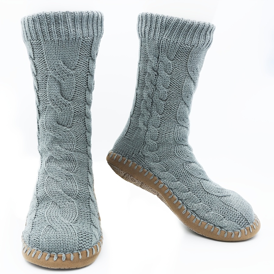 1 Pair Of Autumn/winter Cabled Floor Socks With Soles, Plush-lined, Thickened, Dotted For , Postpartum Slipper Socks, Slippers
