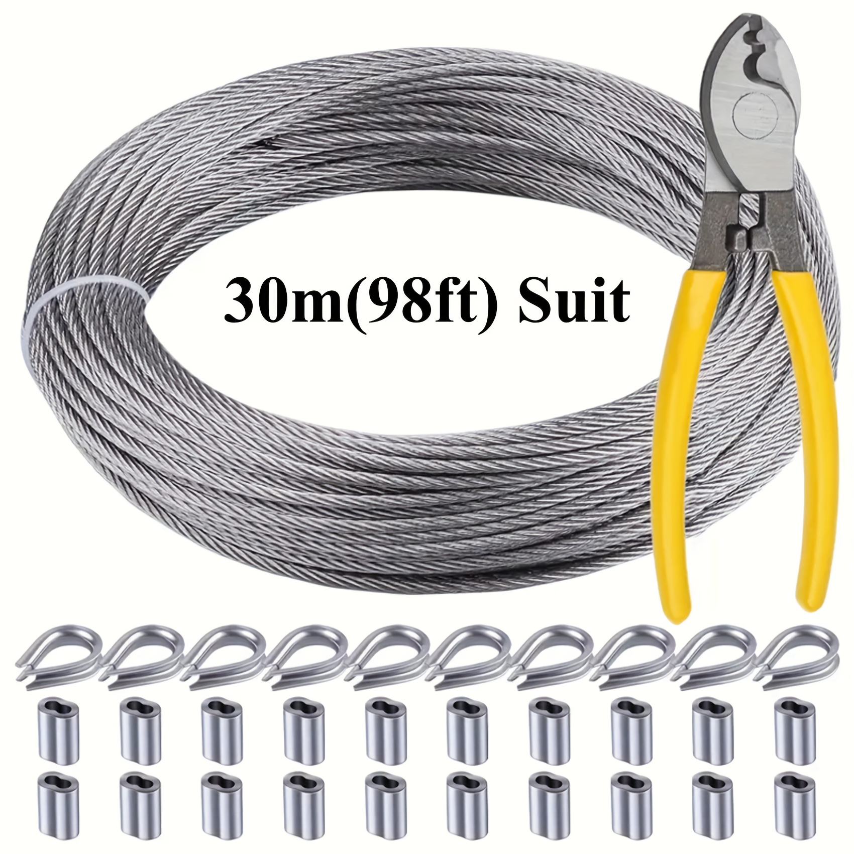 Image of 30m Cable Kit, 30/50m Optional, Includes 304 Sus Wire, Cutting Pliers, And Hooks For Outdoor Hanging - Fence Solution, Crimp Sleeves, Suitable For Clotheslines And Holiday Decoration Hanging
