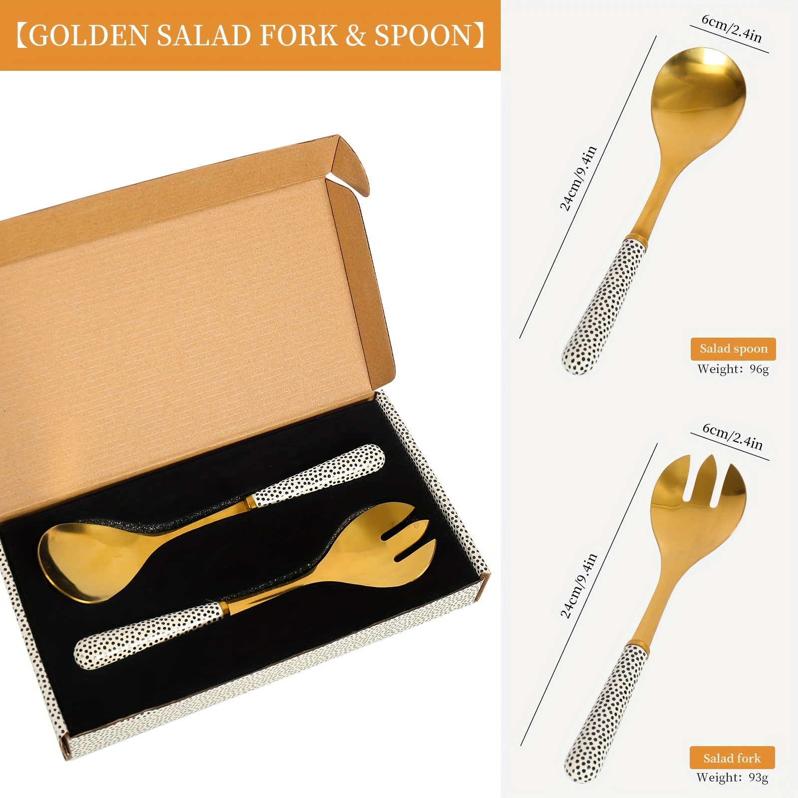 TEMU 2pcs Ceramic Handle Stainless Steel Salad Spoon And Fork Set For Pasta, Western Salads, And More, Buffet Serving Set