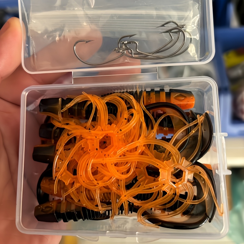 Image of 10pcs Of High-quality Skirt Tail Lures + 5pcs Of Curved Hooks - Made From Floating Material, Bait Features Adjustable Skirt Tails For Varying Sink Rates. The Tail Has A Design