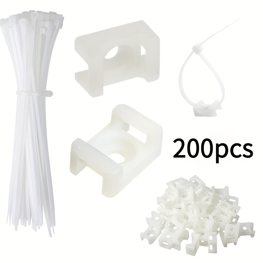 Image of A Kit Of 200 Cable Zip Tie Mounts, Including Wire Clips And 6-inch Cable Ties, Designed For Organizing Cables On Baseboards, Walls, Desks, And For Use In Car Wiring Or Garden String Lights