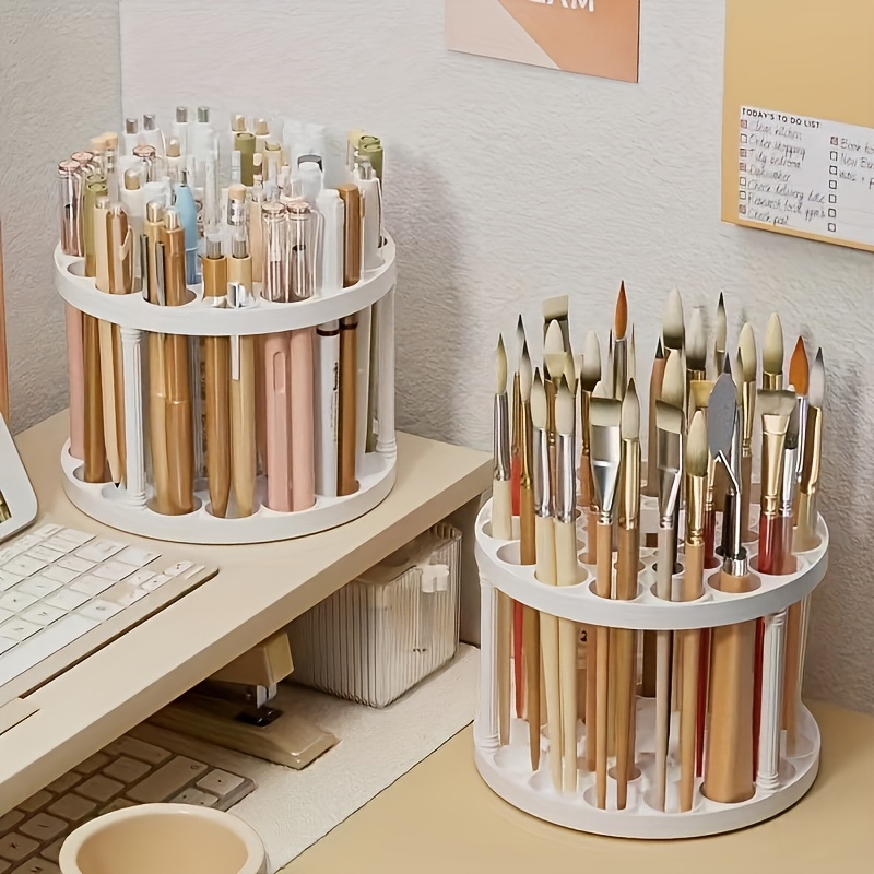 

360° Rotating White Desk Organizer - Space-saving Storage For Art Brushes, Pens & Makeup Tools With Plastic Insert Design