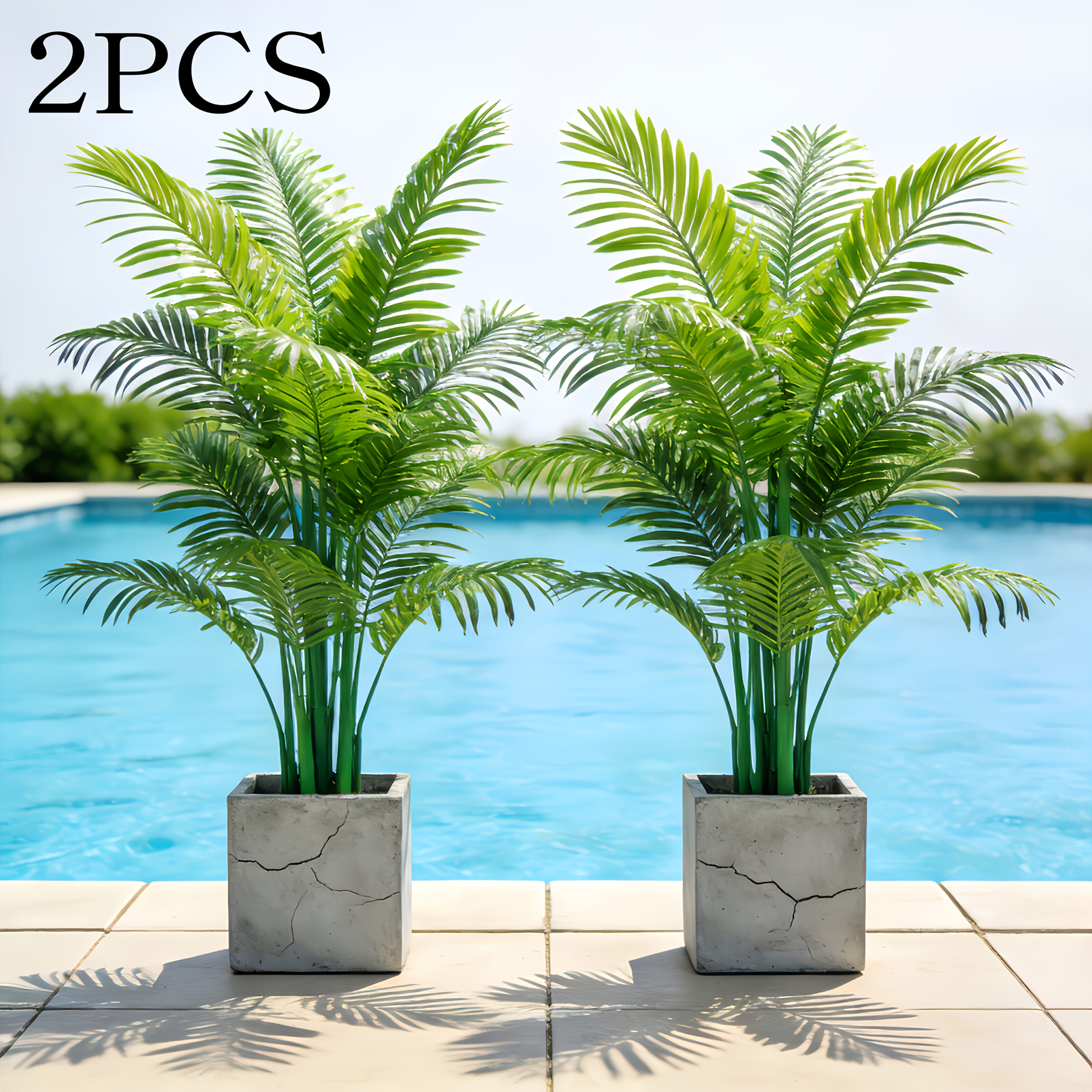 2pcs//Beautiful Large Outdoor Artificial Palm Tree And Gypsophila Combination Set | Dense Green Fierce Tooth-Shaped Leaves, Suitable for Indoor Living Room/Outdoor Garden, Shed, Terrace, Perfect Choice for Easter, Ramadan, St. Patrick'S Day