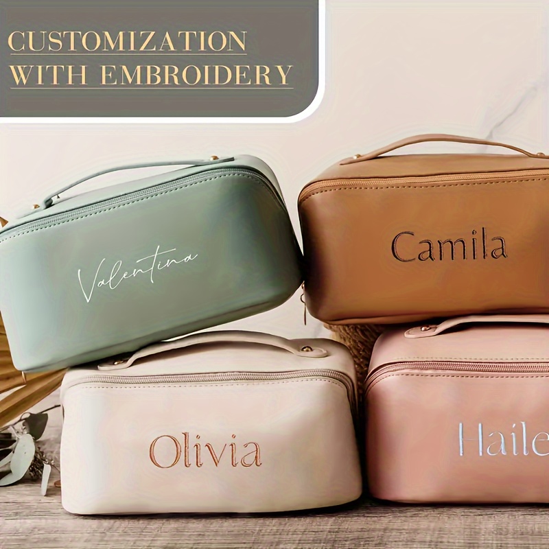 

Waterproof Pu Leather Cosmetic Bags, Personalized Embroidery Makeup Organizer, Portable Large Capacity Travel Toiletry Pouch With Compartments, Unscented Beauty Case, Custom Vanity Accessory Storage