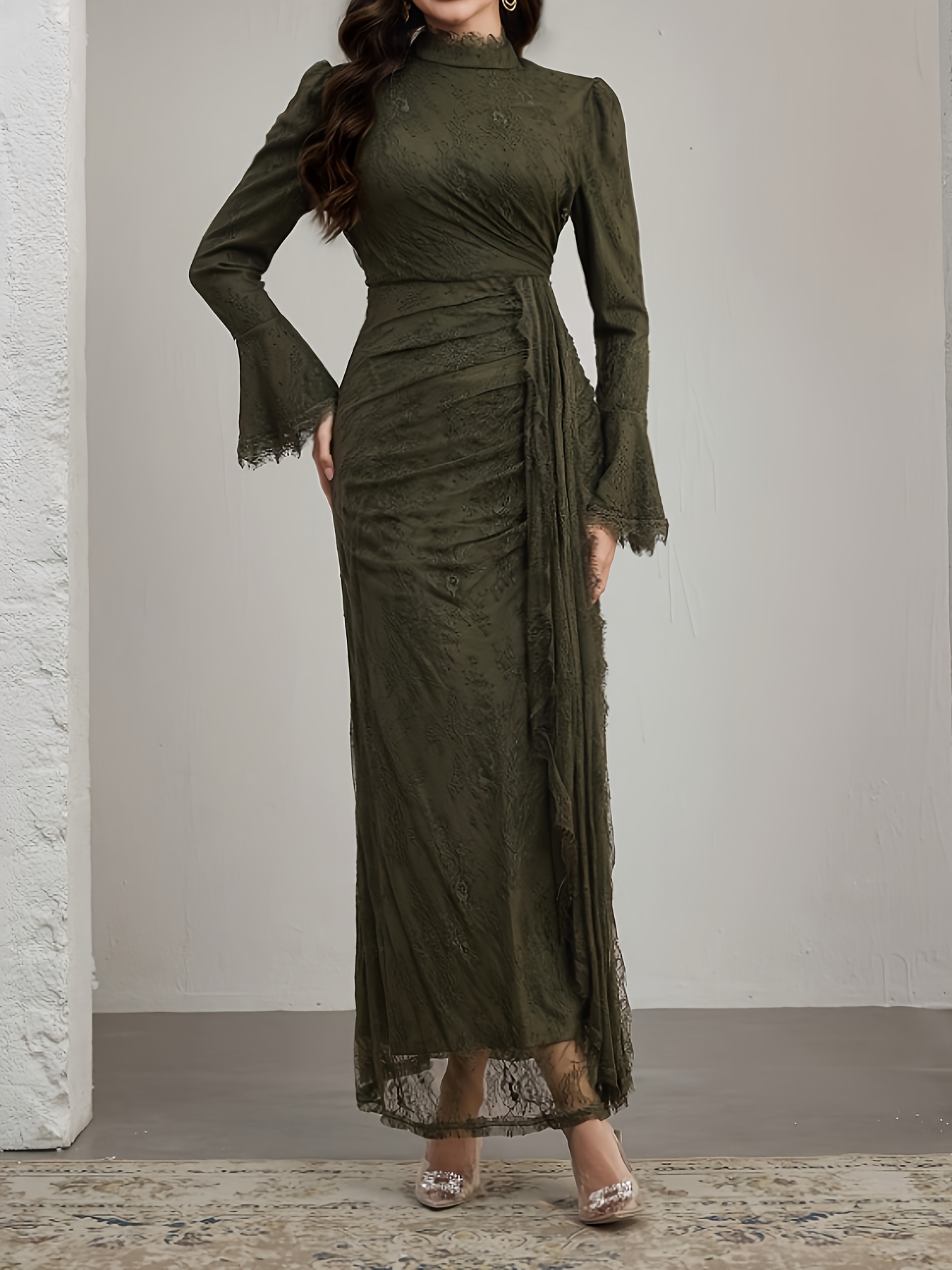elegant long sleeve lace dress with ruffle neckline and belted waist stand collar long length suitable for     Product details 17