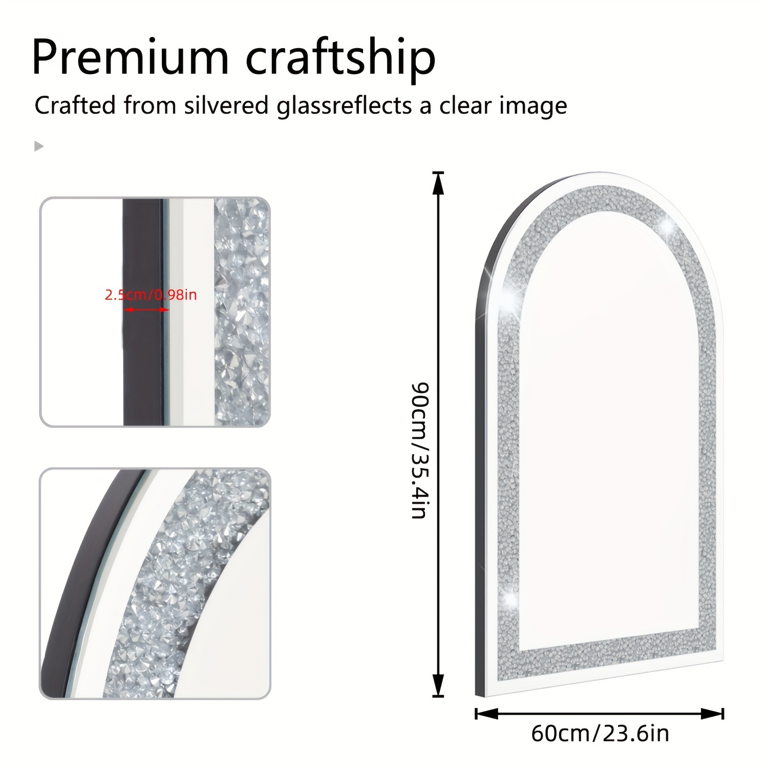 Arched Wall Accent Mirror Crystal Crushed Rhinestone Silvery Glass Vanity Mirror For Bathroom, Dining Room, Entryway, Bedroom Decor