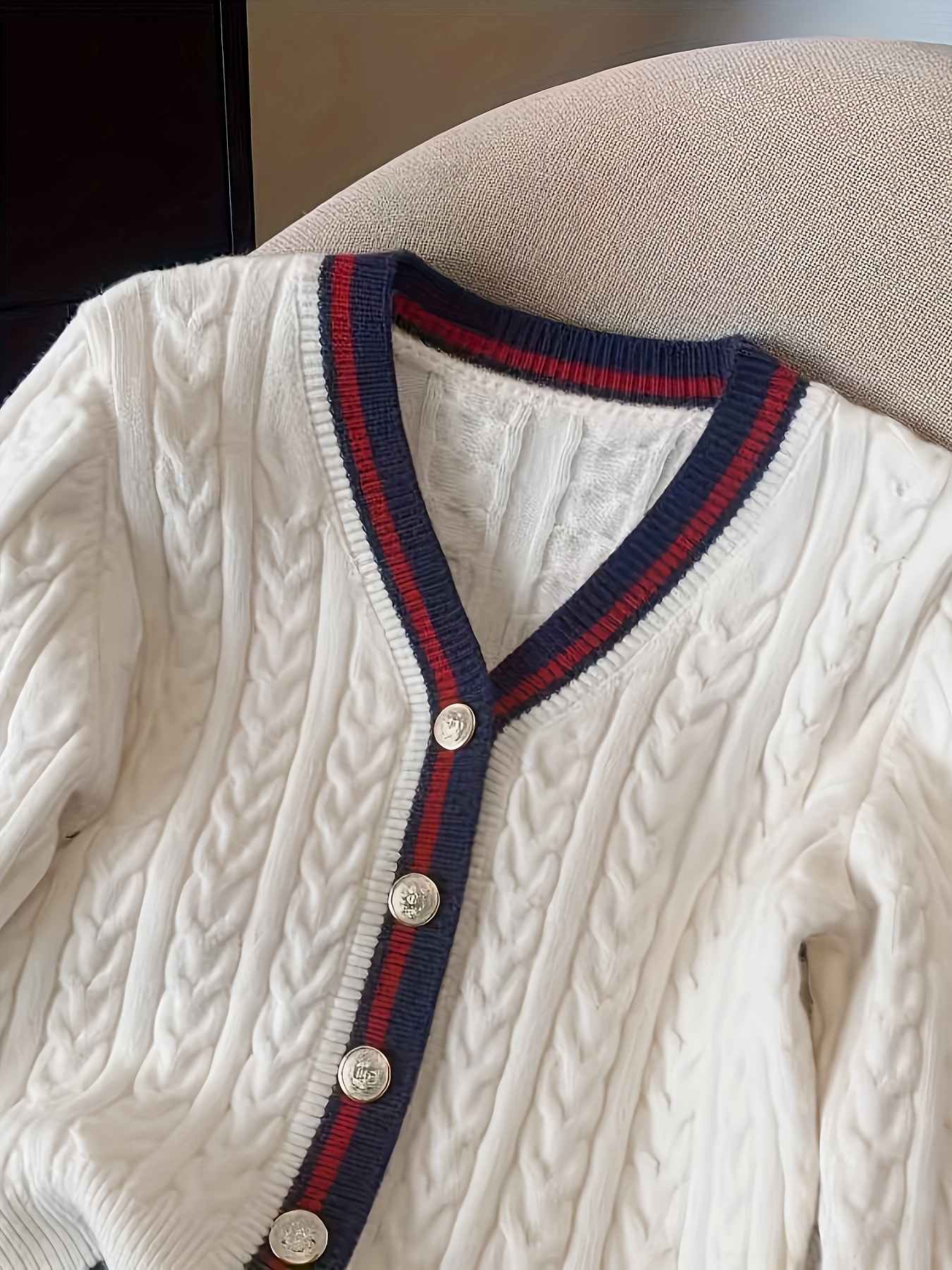 Elegant Women'S Cardigan | V-neck with Color Block Design, Long Sleeve, Medium Stretch Fabric, Suitable for Daily Commute and Streetwear