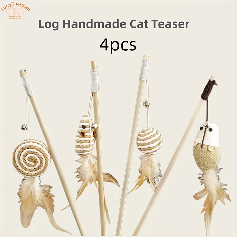 4pcs Sisal Wood Pole Cat Teaser Long Pole Artificial Feather Pvc Cat Teaser Toys Cat Interactive Self- Toys