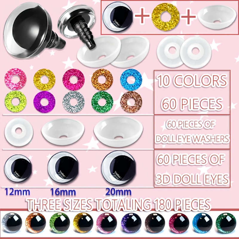 Image of 180pcs Of 12-20mm Eyes, Including 60 Plastic Clear Eyes, 60 Bezels, And 60 Sequins. Suitable For Crocheting, With Washer-backed Glitter Craft Eyes For Plush Toys, Stuffed Animals, And Diy Crafts