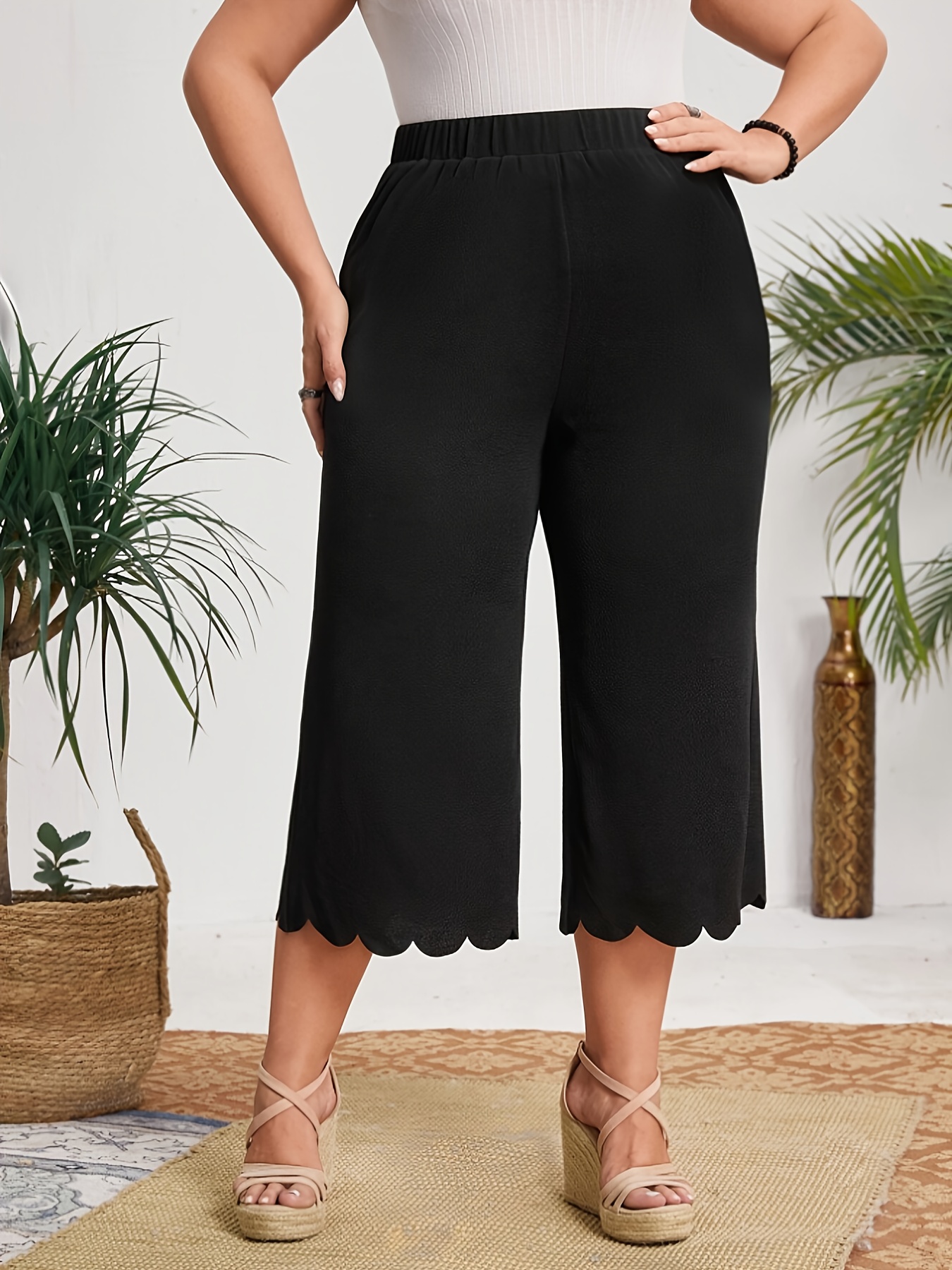 womens plus size capri pants high waisted solid black Temu