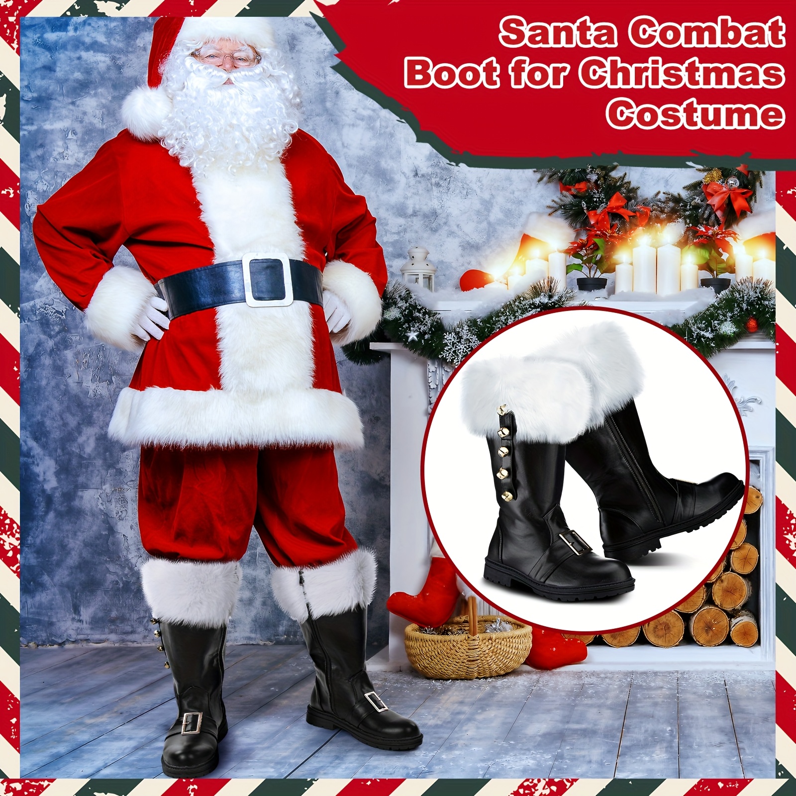 Men's Wide-calf Santa Combat Boots For Christmas Featuring White Plush Cuffs, Foot Bells, And Straps, Perfect For Halloween And Christmas Costumes (black, Us Size 10-11, With Strap And Bell)