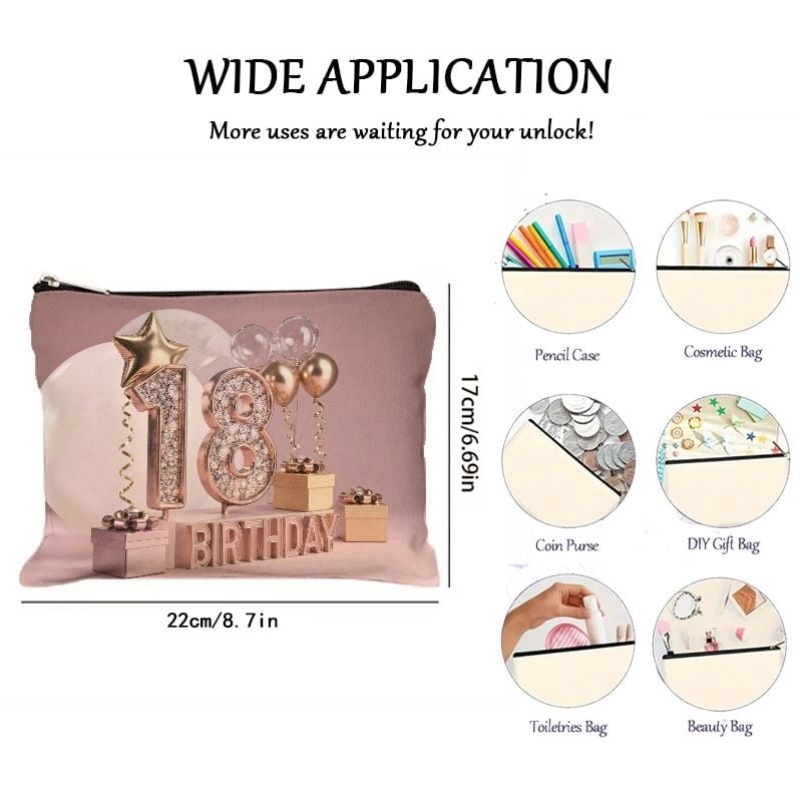 TEMU 1 trousse de Cosmétique sur le thème du 18e anniversaire avec fermeture éclair, imprimé de ballon avec le numéro rose doré, trousse de toilette,