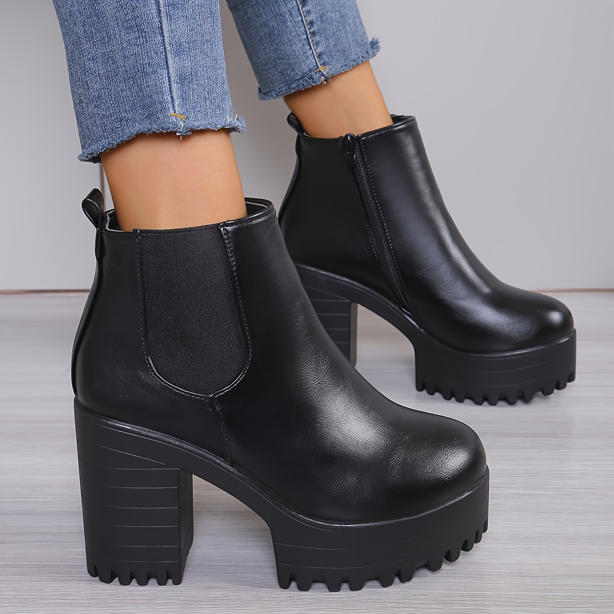 

Women's Chunky Heeled Chelsea Boots, Fashion Black Platform Side Zipper Ankle Boots, Classic Design Short Boots