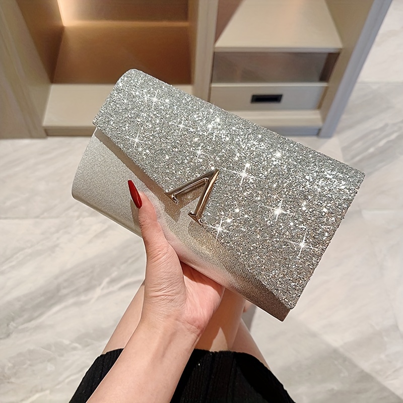 

Elegant Glitter Clutch Handbag For Women With Detachable Shoulder Strap, Magnetic Closure, And Polyester Lining - Solid Color, Polyester Material, No Printing, No - Fashionable Purse