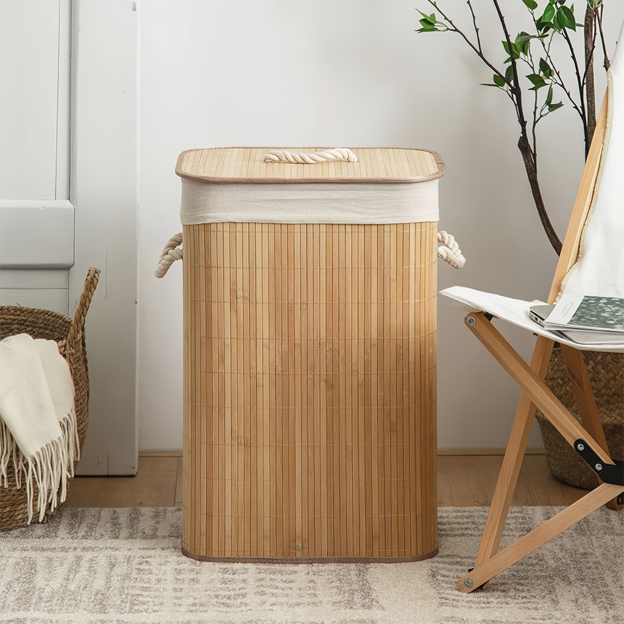 

1pc Foldable Bamboo Laundry Hamper With Lid - Round, Classic Style Storage Basket For Dirty Clothes In Home & Bathroom Laundry Basket Laundry Room Accessories