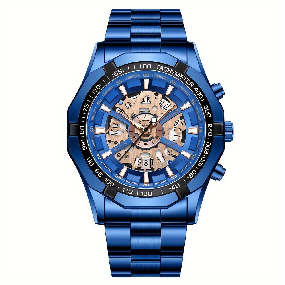   hollow waterproof mens quartz watch   blue surface 8