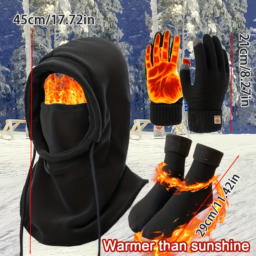 3pcs Winter Hat Hood Scarf Gloves Warm Socks Set