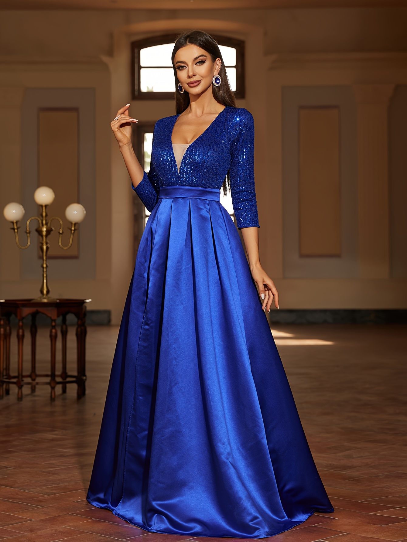 Contrast Sequin Satin Formal Dress