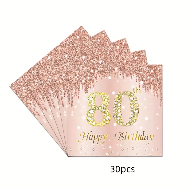 E-shop 30er Set 80. Geburtstag Party Servietten, Roségoldene Deko "Happy 80th Birthday" Geeignet für Hochzeitstag Party Dekoration und Deko Zubehör, 2.