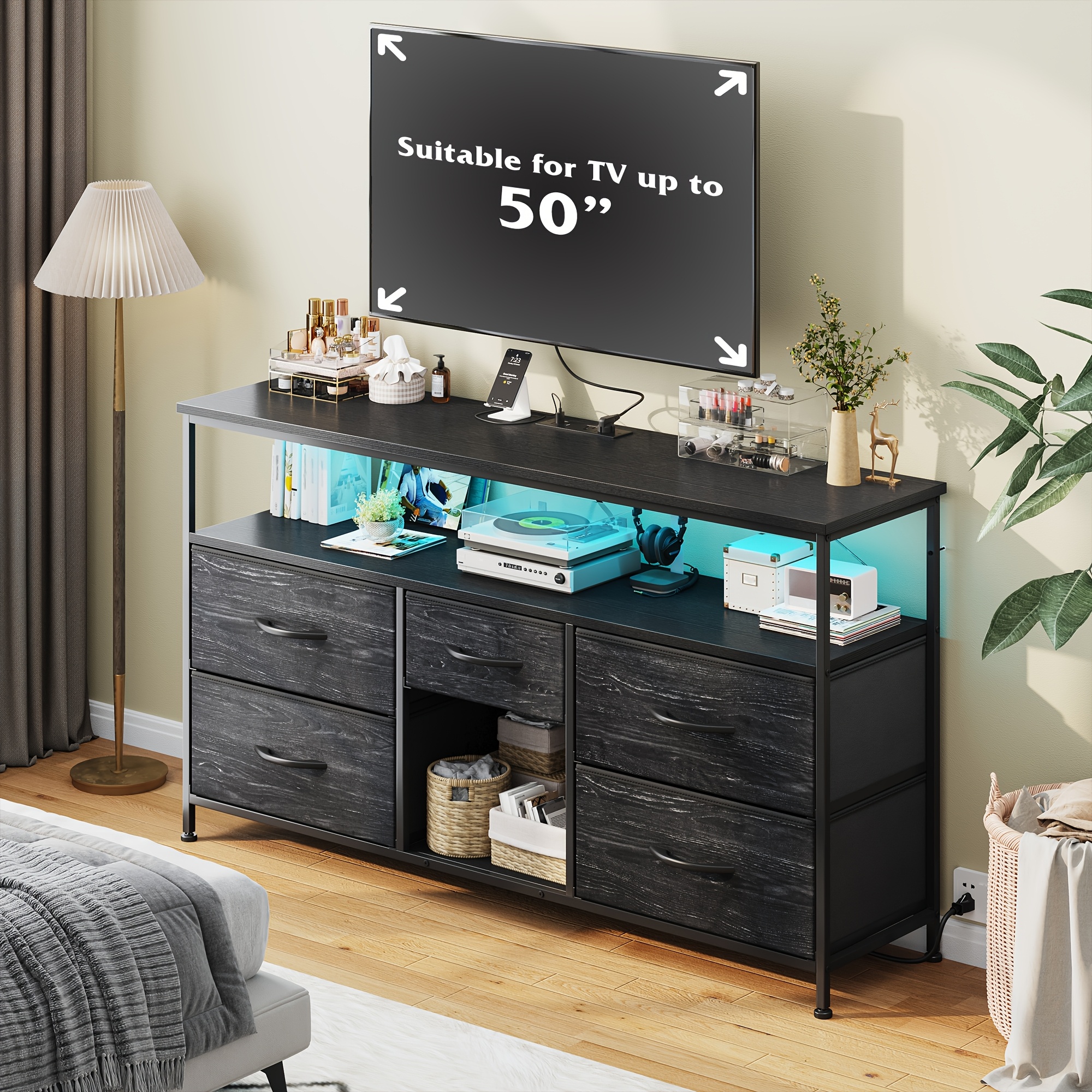 estante de   5 gavetas,   de entretenimento para tv de 50 polegadas, mesa de console de   com tomadas de energia e luzes led, armários de escritório, prateleira aberta,   detalhes 3