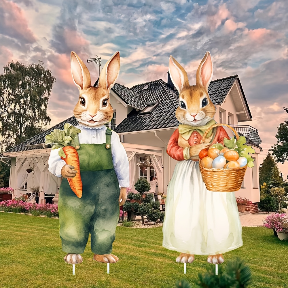 

2pcs Classic Easter Bunny Easter Egg Decoration, Large Cute Rabbits Plastic Outdoor Lawn Garden Decoration, Non-electric, Floor Mount, No Battery Required